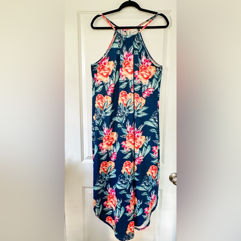 Women's Summer Casual Sleeveless Side Slit Halter Long Maxi Beach Navy Dress
